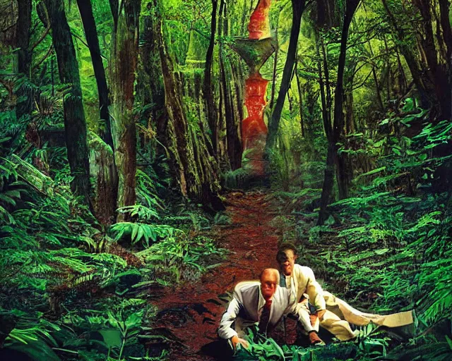 Image similar to edgar cayce and aldous huxley in a forest, epic colorful hyper detailed award winning photography