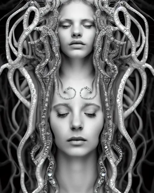Prompt: mythical dreamy underwater black and white profile face portrait of translucent beautiful female angelic - human - medusa - vegetal, highly detailed, intricate crystal ivy jelly ornate, poetic, translucent algae ornate, digital art, octane render, 8 k artistic photography, photo - realistic, by dora maar