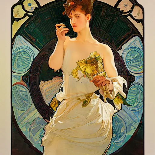 Image similar to alphonse mucha, j. c. leyendecker, and ruan jia combined art