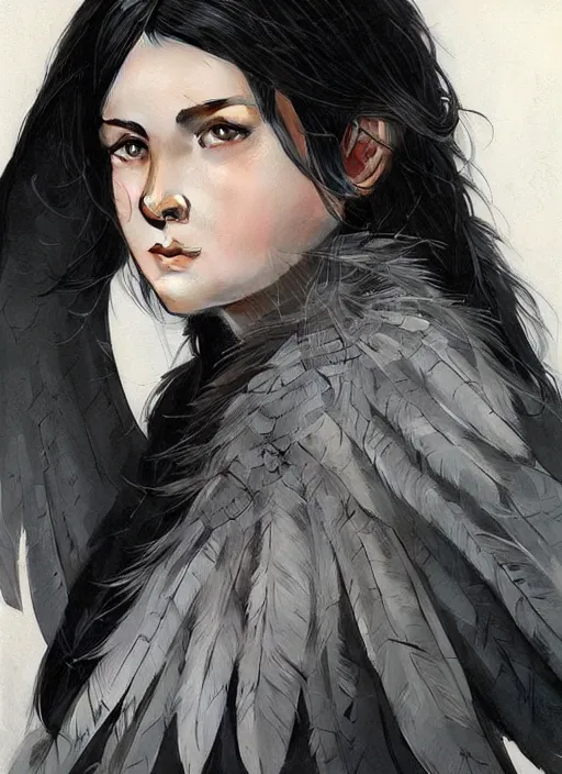 Image similar to a teenage girl with very short black hair and a huge cloak made of grey and black feathers. beautiful highly detailed face. beautiful painting by artgerm and greg rutkowski and raymond swanland