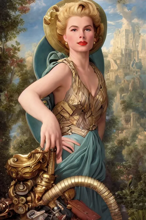 Image similar to A fantasy comic book style portrait painting of Grace Kelly, as an Atlantean Reptilian Warrior, Mystical Valkyrie, François Boucher, Oil Painting, unreal 5, DAZ, hyperrealistic, octane render, Regal, Refined, Detailed Digital Art, RPG portrait, William-Adolphe Bouguereau, Michael Cheval, Walt Disney (1937), Steampunk, dynamic lighting, Highly Detailed, Cinematic Lighting, Unreal Engine, 8k, HD