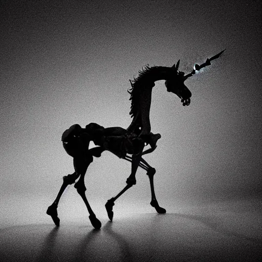 Image similar to an anatomical correct skeleton of a unicorn walking in a black room, photographed by andrew thomas huang