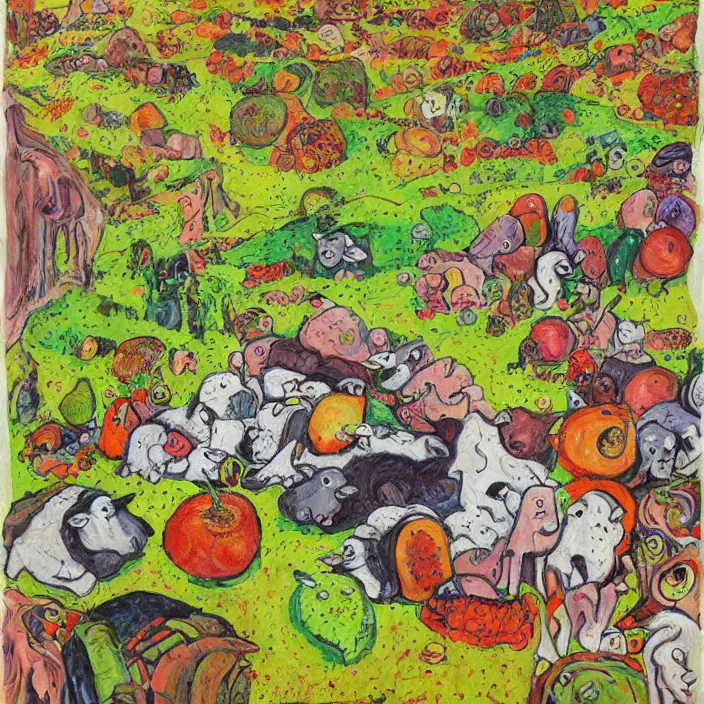 Image similar to several dead sheep, mountains of gigantic fruit, naivistic art, childrens drawing, story book illustration, expressive, expressionistic, outsider art, colorful, schizophrenic, paranoid