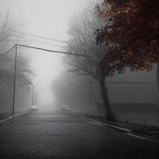 Prompt: silent hill in real life, streets, sombre, parked cars, desolate, overcast, blankets of fog pockets, dew, rain, volumetric lighting, beautiful, auttumn morning dew, sharp focus, 7 0 s visuals, ultra detailed, cgsociety - w 1 0 2 4