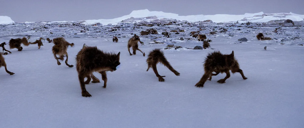 Image similar to filmic extreme wide shot movie still 4 k uhd interior 3 5 mm film color photograph of a bunch of creatures running around mcmurdo station in antartica at night