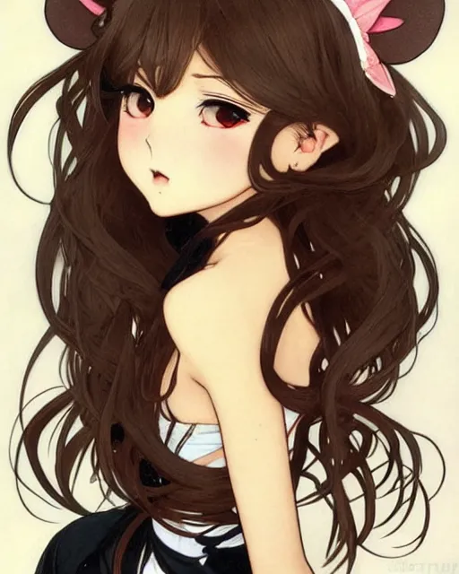 Image similar to A cute frontal painting of a very very beautiful anime skinny mousegirl with long wavy brown colored hair and small mouse ears on top of her head wearing a cute black dress and black shoes looking at the viewer, elegant, delicate, feminine, soft lines, higly detailed, smooth , pixiv art, ArtStation, artgem, art by alphonse mucha Gil Elvgren and Greg rutkowski, high quality, digital illustration, concept art, very long shot