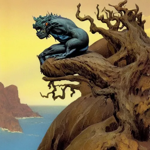 Prompt: a creature sitting on a twisted tree on a rocky outcrop, by boris vallejo and frank frazetta