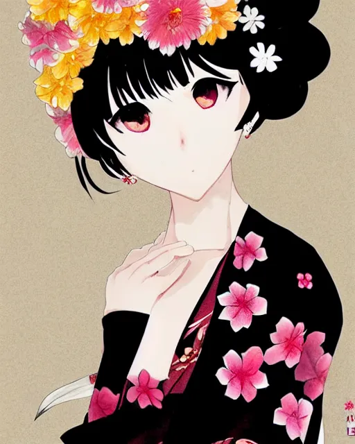 Image similar to a girl with black hair and black kimono, flower decoration on the background, a beautiful half body illustration, top lighting, perfect shadow, reduce saturation, leaning towards watercolor, art by hidari and srnmomo