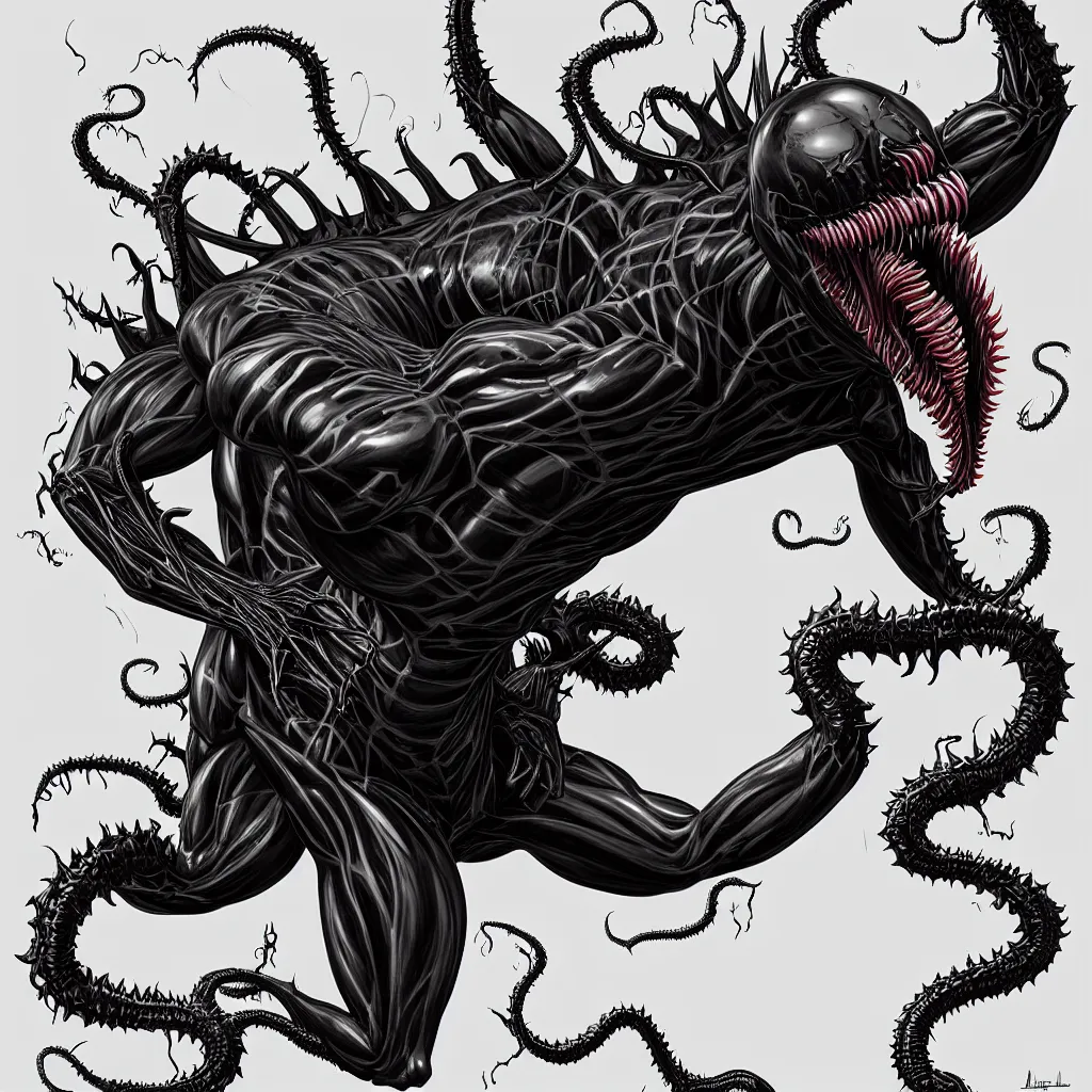 Prompt: anatomically acurate full body long shot venom from marvel comics!!!!, large mouth with teeth, lovecraftian horror!, surrealism, fantasy, intricate, elegant, highly detailed, digital painting, artstation, concept art, matte, sharp focus, illustration, art by keith thompson and christopher lane