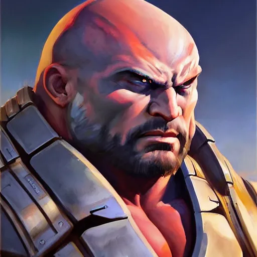 Image similar to greg manchess portrait painting of drax the destroyer as overwatch character, medium shot, asymmetrical, profile picture, organic painting, sunny day, matte painting, bold shapes, hard edges, street art, trending on artstation, by huang guangjian and gil elvgren and sachin teng