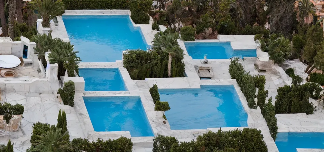 Image similar to house made of pentelic marble, designed by ictinus and callicrates. neptune pool from hearst castle in backyard. built in 1 9 5 9 in santa monica. fancy post - oscars party