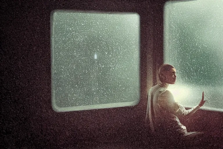 Prompt: a cinematic painting of an alien inside of spaceship looking out of a small rainy window, beautiful lighting, high depth, ultra realistic, artistic, by annie leibovitz and zack snyder