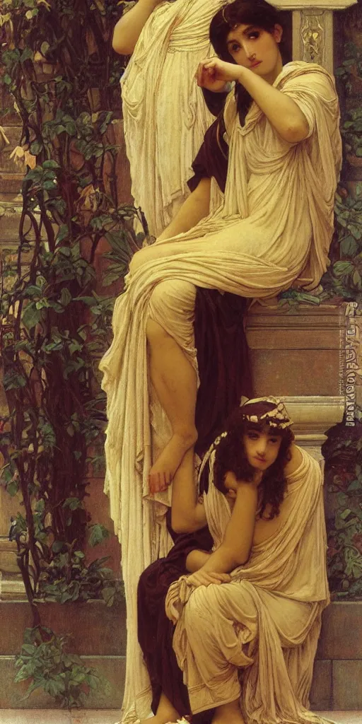 Prompt: at the gate of the temple by john william godward painted by alphonse mucha