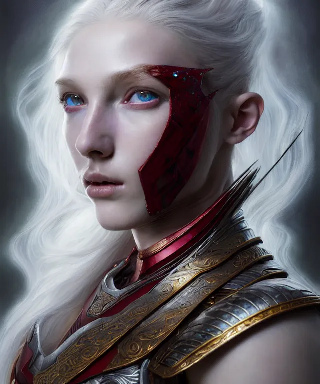 Image similar to hyperrealistic mixed media painting of a beautiful young female battlemage, stunning 3d render inspired art by P. Craig Russell and Barry Windsor-Smith + perfect facial symmetry + dim volumetric lighting, long flowing white hair, pale skin, ornate crimson gothic armor, dizzy, full body, confident heroic pose, 8k octane beautifully detailed render, post-processing, extremely hyperdetailed, intricate, epic composition, grim yet sparkling atmosphere, cinematic lighting + masterpiece, trending on artstation, very very detailed, masterpiece, stunning