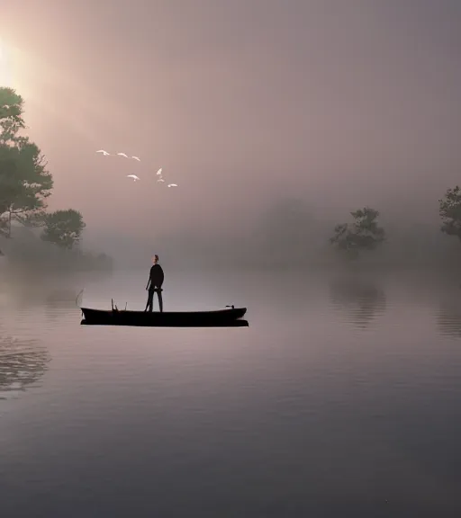 Prompt: three humans with a reflection of three crows in a little boat in a swamp, volumetric lighting, fog, majestic light, octane render, ethereal glare of the sun, hyperrealistic, epic, masterpiece, by makoto shinkai