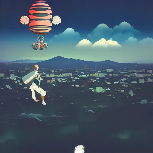 Image similar to a man walking on clouds away from the camera above kyoto by takashi murakami, beeple and james jean, aya takano color style, 4 k, super detailed, modern, 4 k, symmetrical