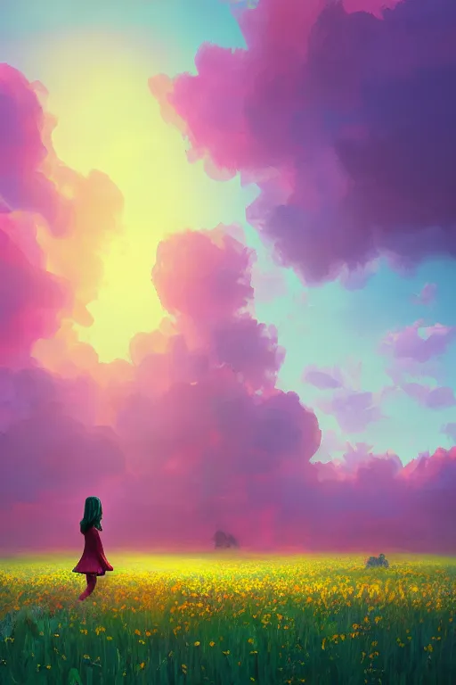 Image similar to giant flower head, girl walking in a flower field, surreal photography, sunrise, dramatic light, impressionist painting, colorful clouds, digital painting, artstation, simon stalenhag