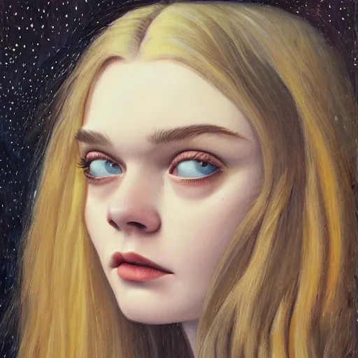 Image similar to professional painting of Elle Fanning in the style of Gerald Brom, head and shoulders portrait, symmetrical facial features, smooth, sharp focus, illustration, intricate, stormy weather, extremely detailed masterpiece,