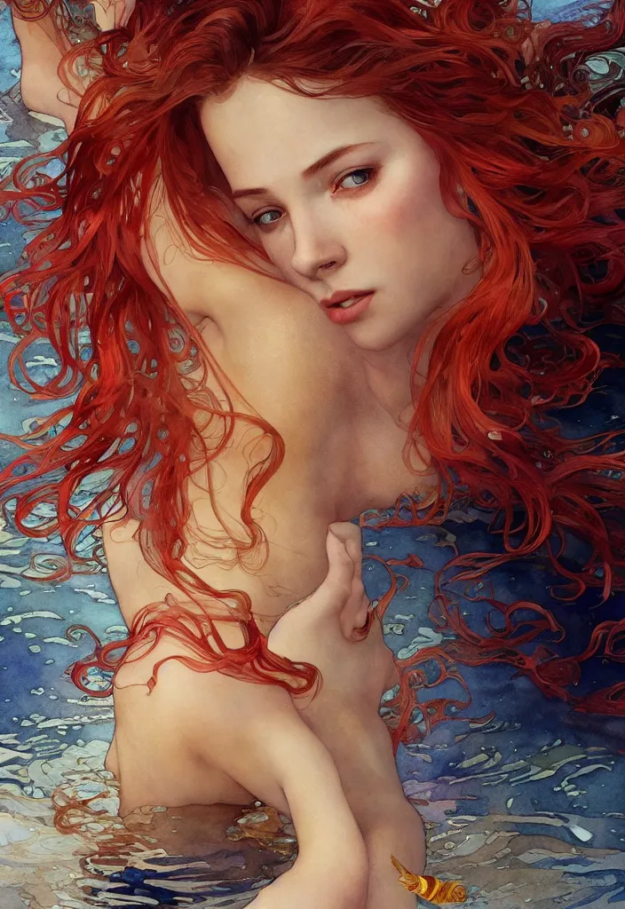 Prompt: beautiful watercolor painting of a young red hair woman swimming, surrounded by golden fish, intricate, elegant, highly detailed, digital painting, artstation, concept art, smooth, sharp focus, art by krenz cushart and artem demura and alphonse mucha, dynamic lighting, full body shot, ultrarealistic, cinematic, octane render, 8 k