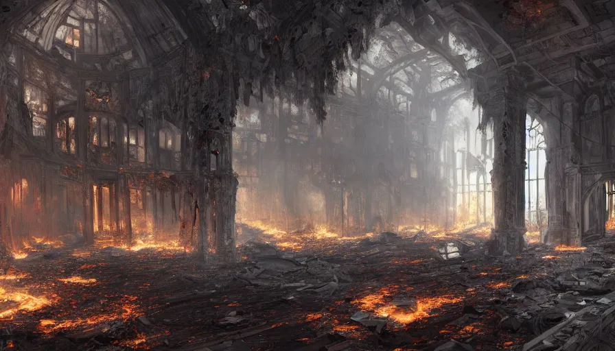 Prompt: Digital painting of the interior of a burning huge destroyed English manor, hyperdetailed, artstation, cgsociety, 8k