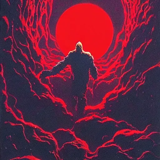 Prompt: rip torn entering a chasm full of unspeakable cosmic horrors, horror, blood red, terrifying atmosphere, atmospheric, by moebius, 8 k