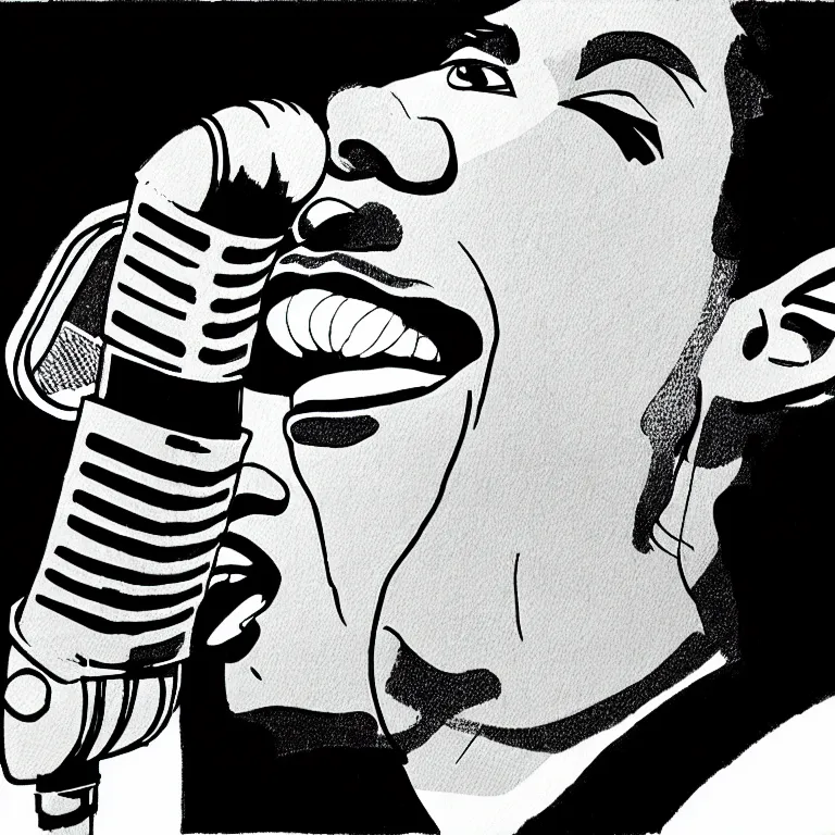 Image similar to rapping into microphone, epic angle, profile view, illustrated by Victor Moscoso