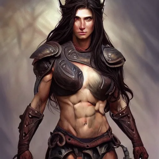 Prompt: “Tomboy Athletic Muscular female draft centaur with dark long hair and rounded features, wears leather armor, D&D, fantasy, intricate, cinematic lighting, highly detailed, digital painting, artstation, concept art, smooth, sharp focus, illustration, art by Artgerm and Greg Rutkowski and Alphonse Mucha, picture from the waist up”