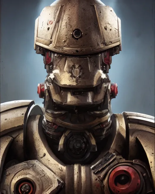 Image similar to hyper realistic portrait of heroic warhammer 4 0 k humanoid android head, cinematic, chaos marine, artstation, cgsociety, full head and shoulders, greg rutkowski, james gurney, mignola, craig mullins, brom redshift, vray, octane