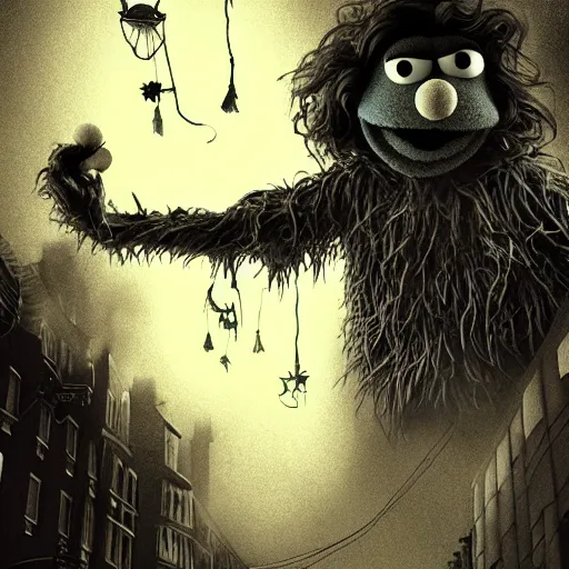 Prompt: sesame street haunted by muppet ghosts, full moon, digital illustration, gothic horror, very detailed, haunting, cinematic lighting, moody, vivid