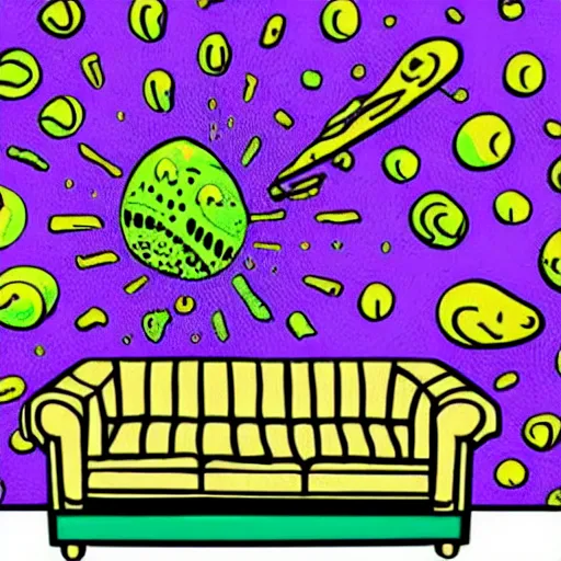 Image similar to couch sofa chesterfield flying through space psychedelic trippy eldritch horror cartoon