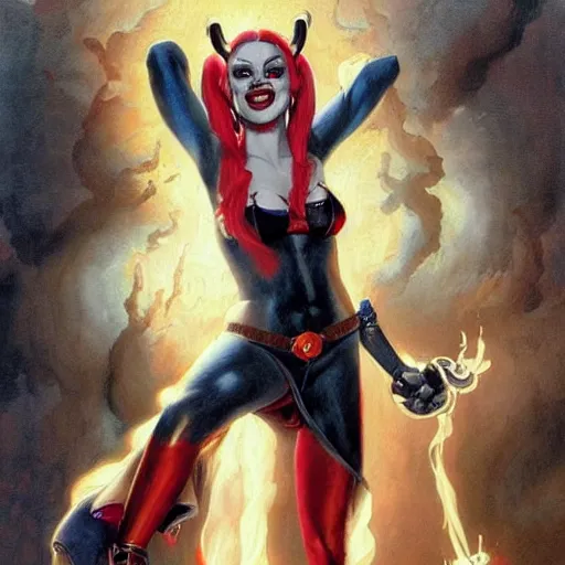 Image similar to an amazing masterpiece of art by gerald brom 🐐 🔥 harley quinn