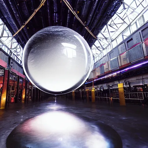 Prompt: high quality professional canon wide - angle lens photo of large scale immersive public art installation inside printworks london venue width lsingle big suspended sphere with space liquid planet visuals projected on it. rich colors, high contrast, gloomy atmosphere, dark background. trending on artstation.