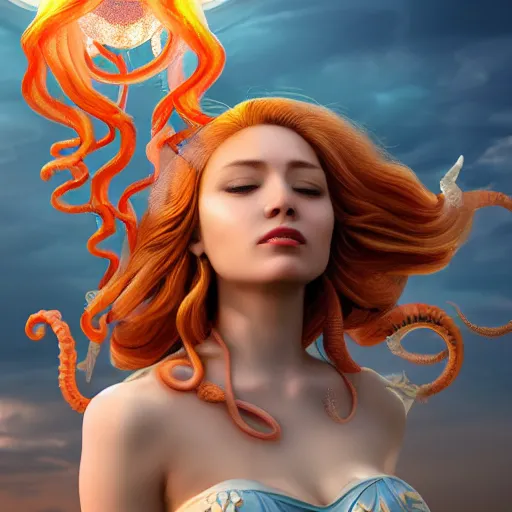 Image similar to Full body photo of the most beautiful goddess, she has a jellyfish-phoenix head's and a siren body, some tentacles are touching her, she flying to heaven over the soft clouds, by Tooth Wu, trending on Artstation, digital art, symmetrical artwork, cinematic, hyper realism, high detail, octane render, 4k, 8k