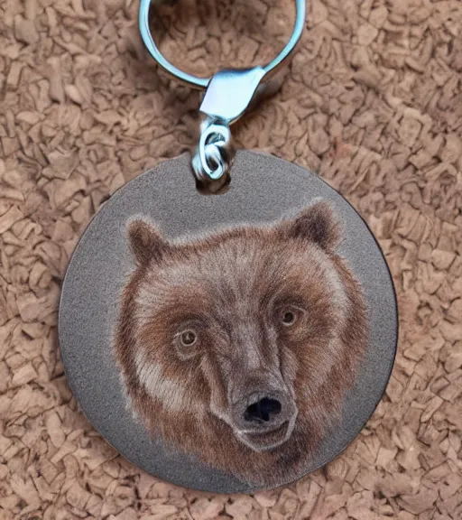 Prompt: keychain of a realistic bear and a salmon