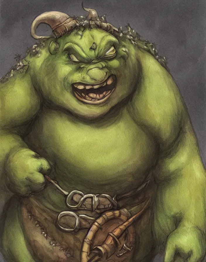 Image similar to cute little ogre, in the style of Tony Diterlizzi and Brian Froud, painterly