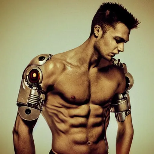 Image similar to “a realistic photo of a guy who is an attractive college jock who is part cyborg and part humanoid, who is a robot”