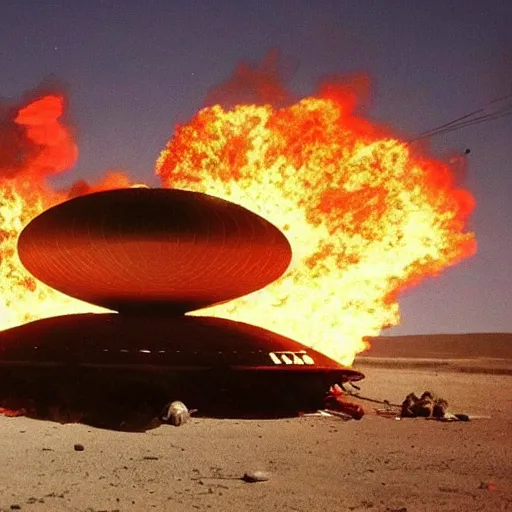 Image similar to army troops surround shiny metallic ufo flying saucer with transparent dome crashed in the desert, smoking and burning in flames