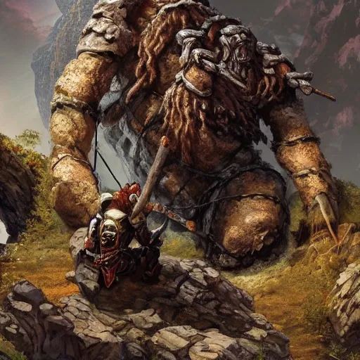 Image similar to dungeons and dragons, rogue rock climbing up the fossilised golem like remains of an ancient giant, very detailed, fantasy art, portrait