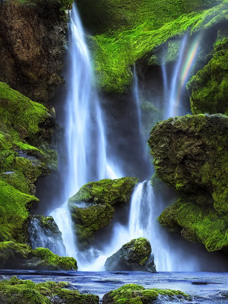 Image similar to digital illustration of waterfall cascading onto rocks, small rainbow emerging in background, ethereal, beautiful scenery, intricately meticulously detailed, amazing, glitter, 8 k render octane high definition