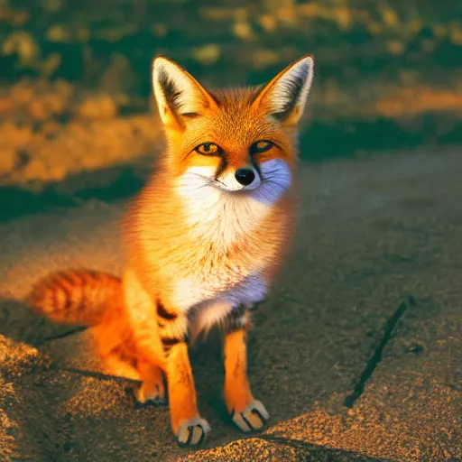 Prompt: a low angle photo of a cat fox hybrid, at the golden hour, sunset, sunrise, warm lighting, strongshadows, photo by slim aarons, award winning, 4 k