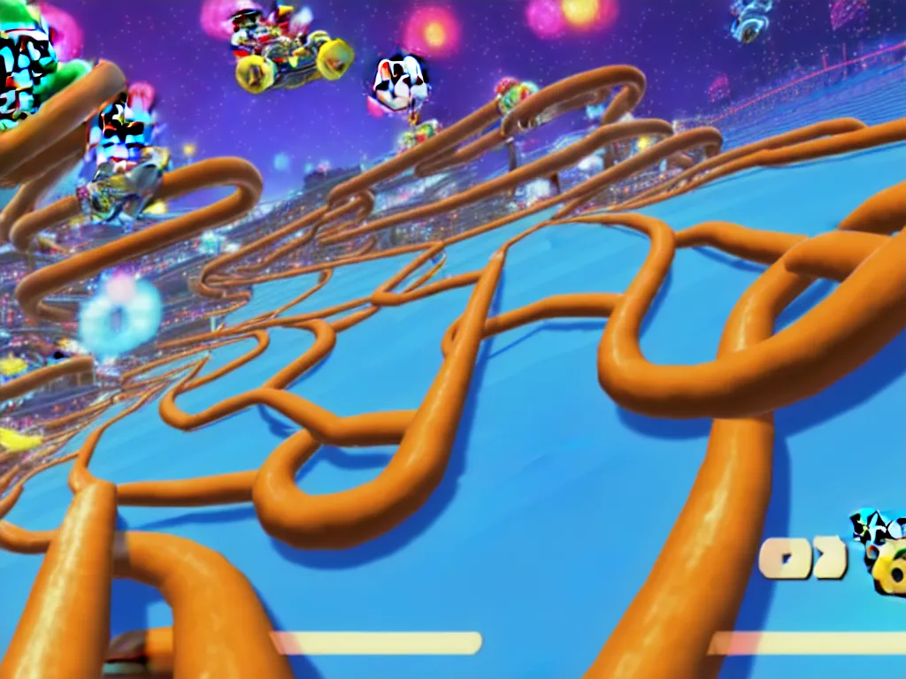 Prompt: pretzel track, mario kart 8 screenshot