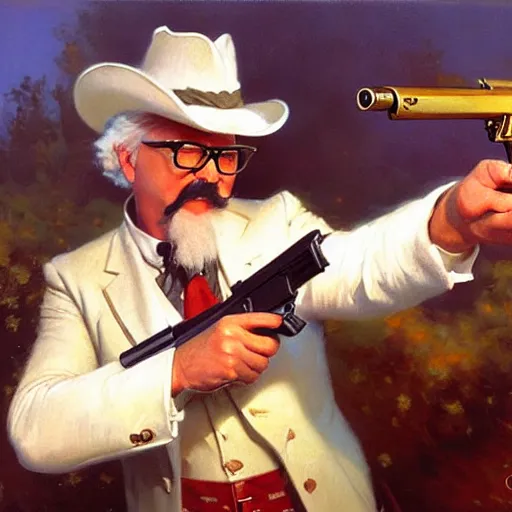 Image similar to colonel sanders killing donald mcdonald with gun, highly detailed painting by gaston bussiere, craig mullins, j. c. leyendecker, 8 k