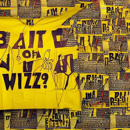 Prompt: a meeting of cat wizards dressed in yellow raincoats. A banner that reads Wiz Biz only, Fools adorns the back wall. Hypermaximalistic, hyper detailed 4k resolution photo realistic