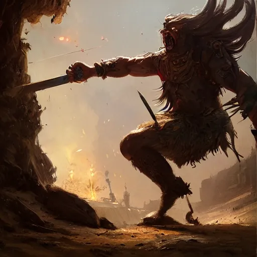 Image similar to a warrior fighting a troll, greg rutkowski