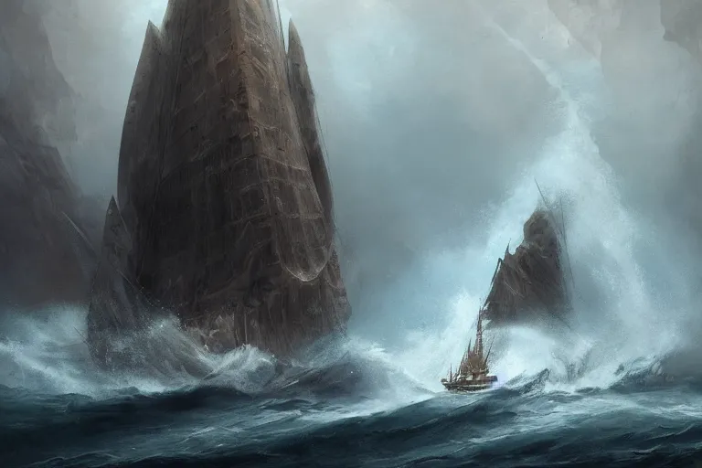 Image similar to Ancient Greek Sailing Vessel, The Argo, Plows through storm tossed ocean waves, Scylla and Charybdis, enormous Krakens, threaten from a rocky caves, the air is alive with rain lighting and fear by Jessica Rossier and HR Giger cinematic concept painting