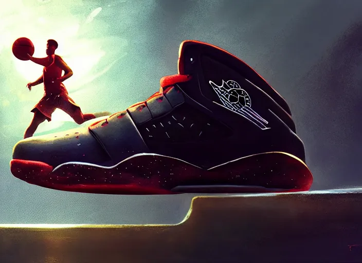 Image similar to air jordan basketball sneaker from the year 2 0 9 9, precious metals and recycled material, future techwear, cinematic digital painting, artstation, dramatic product shot, smooth, sharp focus, fantasy art by greg rutkowski, loish, rhads, ferdinand knab, makoto shinkai, ilya kuvshinov, rossdraws