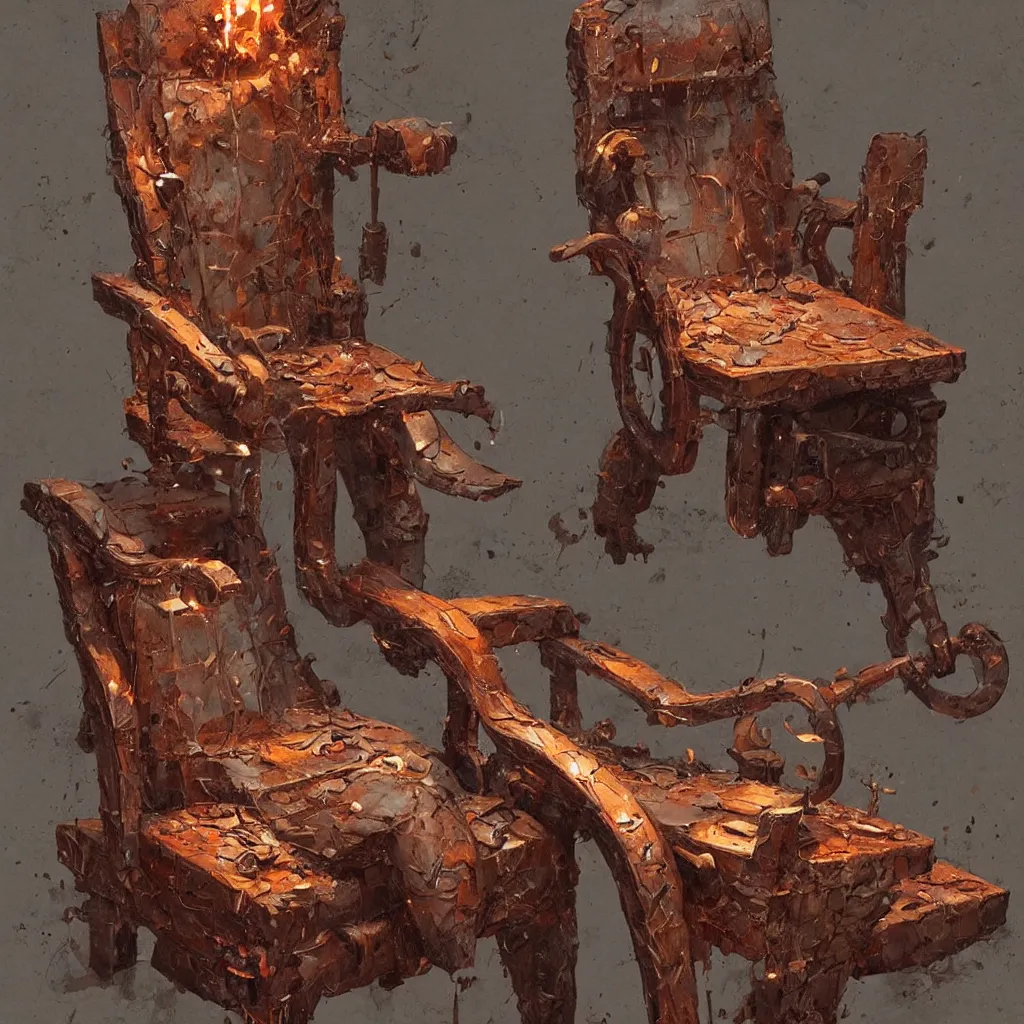 Prompt: a cat character laying, wood carved chair, super powers, concept art, by greg rutkowski, old copper pipes, complementing colors