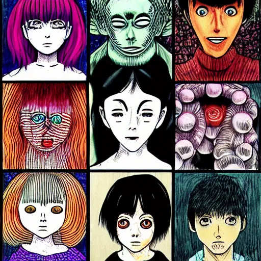 Image similar to junji ito manga characters colorful