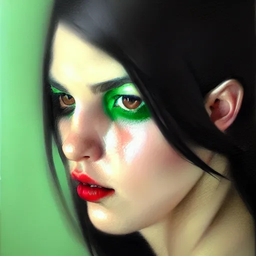 Prompt: a realistic illustration portrait of a beautiful cute girl with wavy black red hair, a pointy nose and, round chin black eyeliner, green pupills, trending on artstation, hyper - realistic lighting, intricate by casey baugh