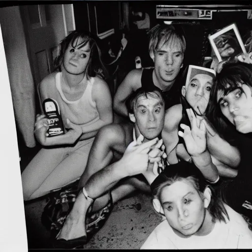 Image similar to A group of outcasts having a moment of nostalgia in their cramped basement, 90s Film Photo, Polaroid, Flash Photography, 40mm lens, Award Winning, 8k Film Scan